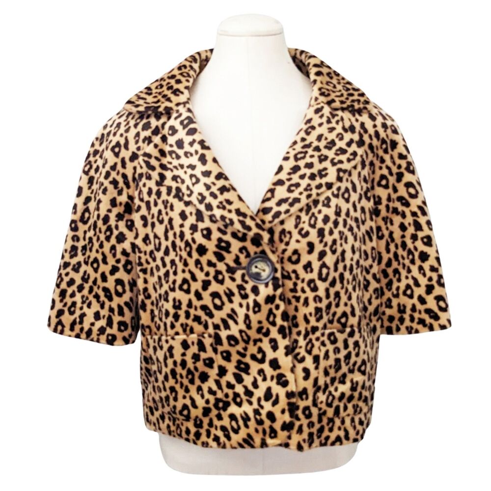 Apt 9 Faux Fur Animal Leopard print coat short sleeve button jacket size Medium